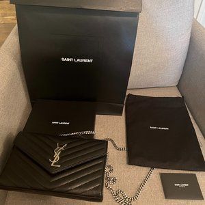 Saint Laurent Cassandre Matelasse Wallet on a Chain Black with Silver Hardware